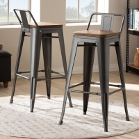 Baxton Studio T-5824-Gun-BS Henri Vintage Rustic Industrial Style Tolix-Inspired Bamboo and Gun Metal-Finished Steel Stackable Bar Stool with Backrest Set